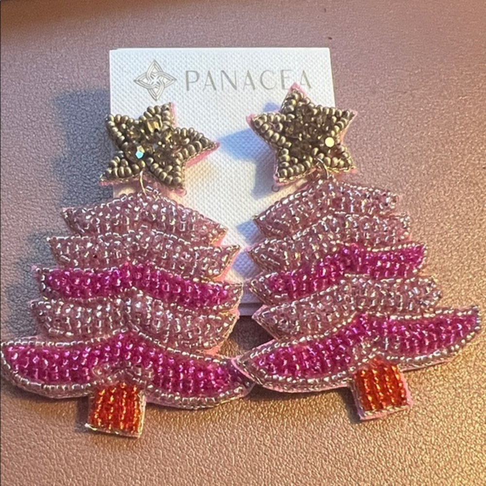 Nordstrom Panacea Festive Statement Pink Beaded Christmas Tree Earrings::NWT::